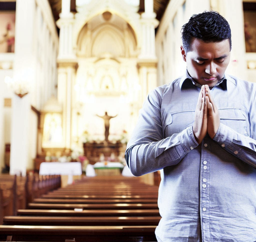 a young man prays in a church