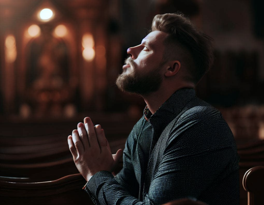 a young man prays in a church