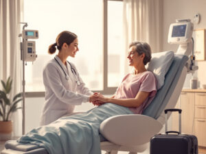 A leukemia patient receiving chemotherapy in a modern hospital abroad, supported by a caring medical team in a bright, welcoming environment.
