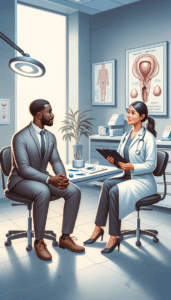 A male patient consulting a fertility specialist about the TESA procedure in a modern clinic abroad, in a calm and supportive environment.