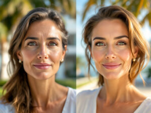 Before-and-after image of a woman after a forehead lift abroad, showing a refreshed, youthful appearance with lifted brows and smoother skin.