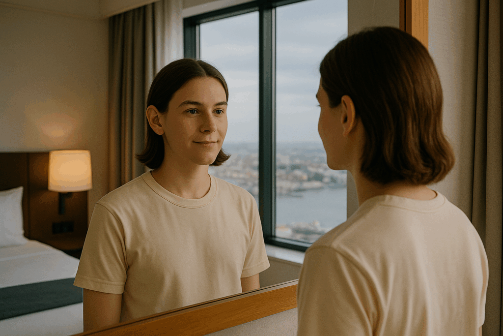 Young adult looking in mirror, ears visible, in a hotel room abroad—reflecting on decision to fix prominent or asymmetrical ears with otoplasty.