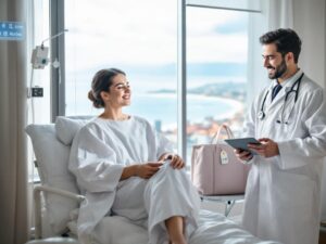 A relaxed patient in a modern hospital room after septoplasty abroad, with a smiling doctor and a scenic travel destination visible through the window—symbolizing world-class care and cost savings.
