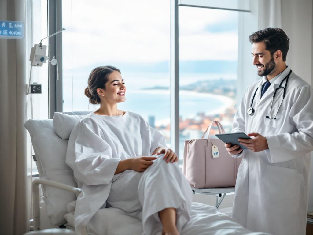 A relaxed patient in a modern hospital room after septoplasty abroad, with a smiling doctor and a scenic travel destination visible through the window—symbolizing world-class care and cost savings.